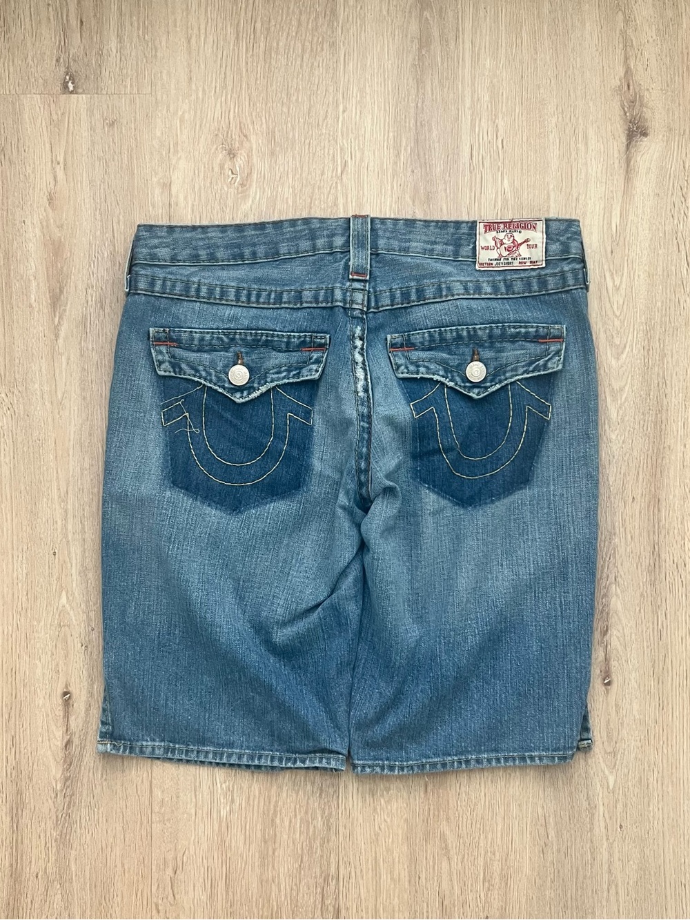 True Religion Joey Super T Cutoff Denim Shorts Womens 34 Blue USA Made Y2K Flap